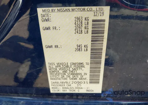 2020 Nissan Altima S Fwd from USA, damaged, VIN 1N4BL4BV9LC209035